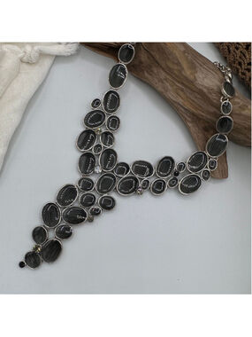 Grey Agate Inspired Striped Cabochon Statement Bib Necklace